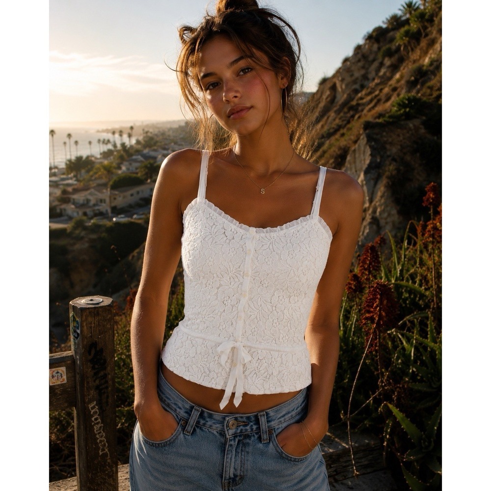 Hollister Lace Cami Tank Top Small White Floral‎ Button Front Y2K Boho HH54